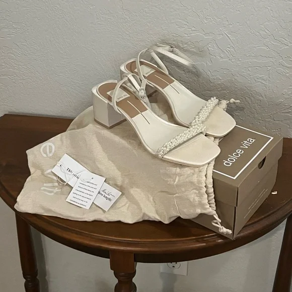 Dolce Vita Ivory Pearl-Trim Ankle Strap Block Heels - Picture 2 of 9